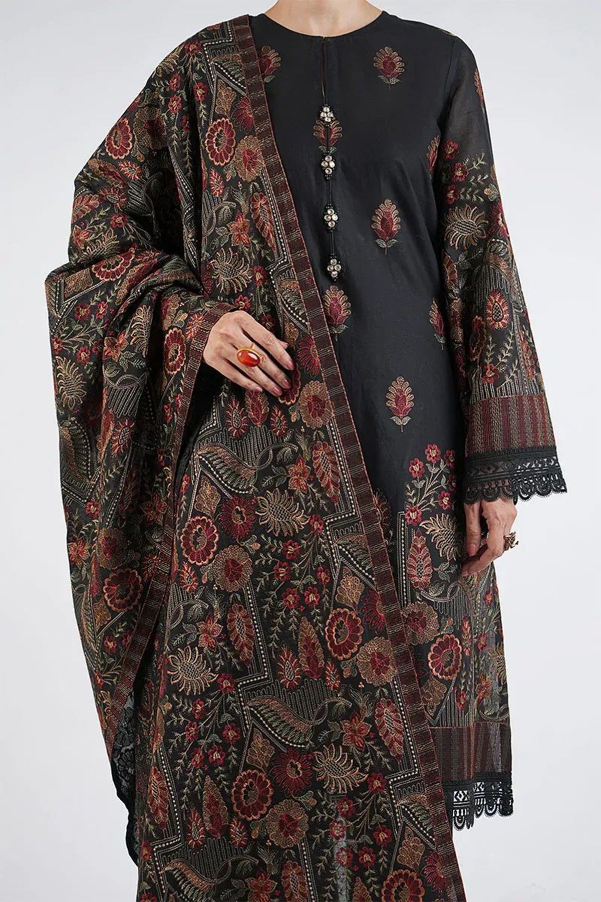 Bareeze 3PC Embroidered Karandi Suit with Heavy Embroidered Shawal -BS2059